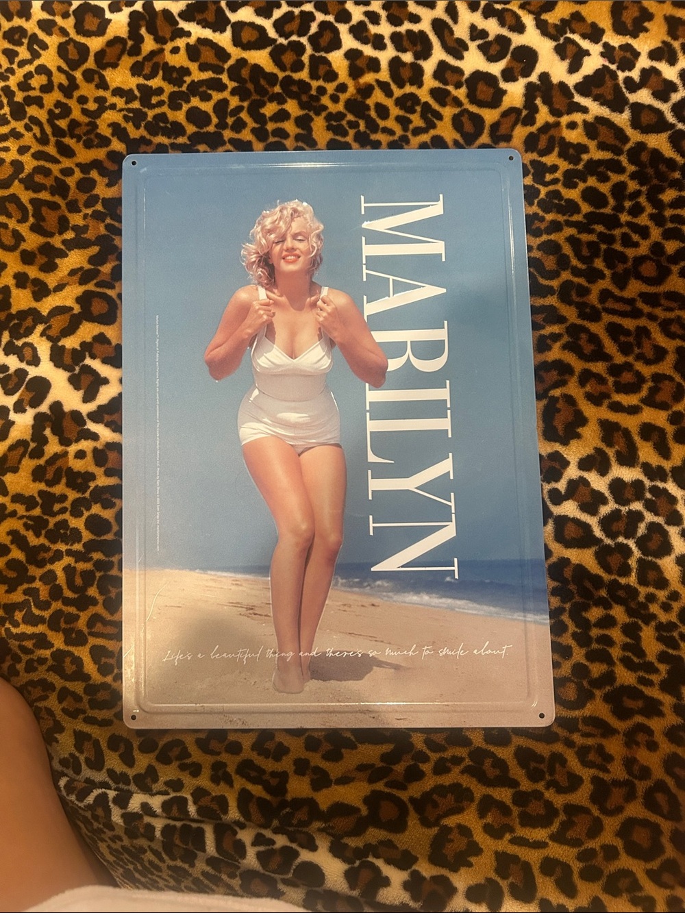 Marilyn Monroe Beach Poster - Blue Background with White Swimsuit